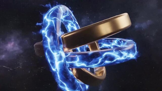 Golden ring intersected by electric blue toroid