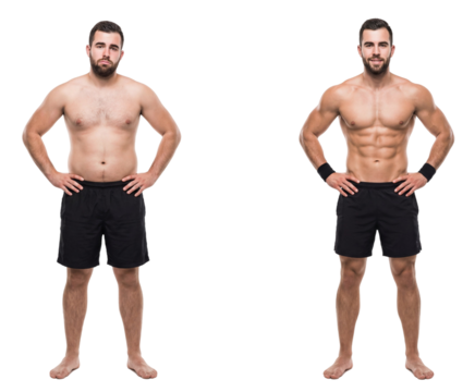 Before and after male fitness transformation on white or transparent background. - Powered by Adobe