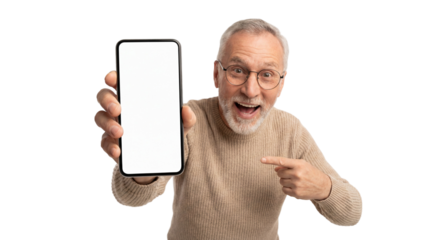Excited senior man pointing at blank smartphone screen for technology advertising mockup on white or transparent background.