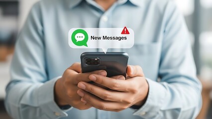 Person holding smartphone with new messages notification and alert symbol mobile phone hand