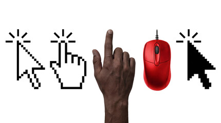 Black hand clicking gesture with pixel cursors set and red computer mouse on white or transparent background.