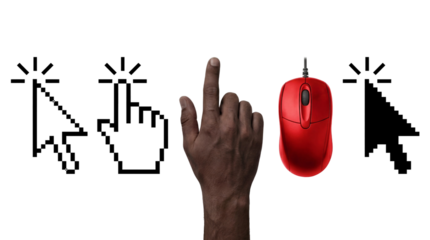 Black hand clicking gesture with pixel cursors set and red computer mouse on white or transparent background.