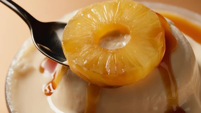 Caramel-covered dessert with a pineapple ring on top. Close-up photo