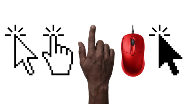 Black hand clicking gesture with pixel cursors set and red computer mouse on white or transparent background. - Powered by Adobe
