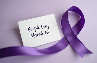 Purple ribbon and note mark March 26 as Purple Day. Awareness campaign for epilepsy helps patients and families. Support fight against neurological disorder.
