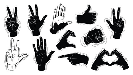 Collection of Hand Gestures Icons in Silhouette peace sign