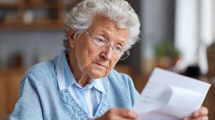 An elderly woman thoughtfully reading a letter indoors, wearing a light blue cardigan. The focused expression conveys deep emotions related to the content of the correspondence