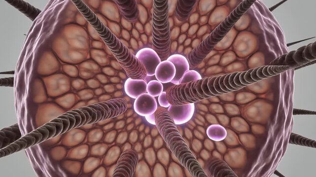 Microscopic view of human hair follicle with pink cells and spikes