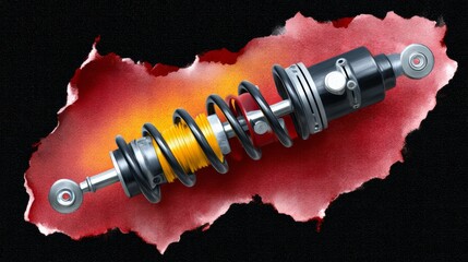 Shock absorber with yellow coil spring, showcasing intricate mechanical design, placed against a vibrant red and black textured background, emphasizing engineering excellence and innovation in automot