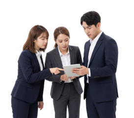 Asian business team reviewing digital project strategy on tablet on white or transparent background.