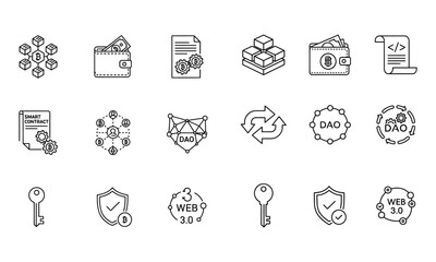 Blockchain, cryptocurrency & web3 line icons: smart contract, dao, wallet, security