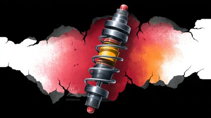 Shock absorber illustration featuring metallic components and vibrant colors, showcasing intricate design and engineering details, perfect for automotive and mechanical design projects