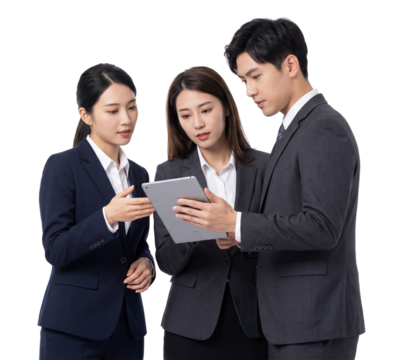 Asian business team reviewing digital report on tablet on white or transparent background. - Powered by Adobe