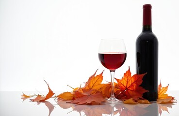 Obraz premium Red wine bottle and glass sit with vibrant fall maple leaves against a clean white background. Autumn harvest beverage, taste of fall season, romantic concept for holiday celebration.