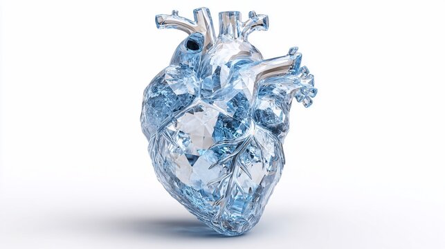 Crystal heart sculpture on a white background, showcasing anatomy and transparency