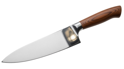 Chef s knife PNG isolated on transparent background, professional kitchen utensil with wooden handle for cooking and food preparation