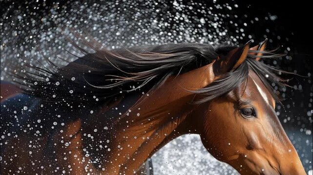 Brown horse shaking its head and mane, water droplets creating a dynamic effect against a dark background video 4k