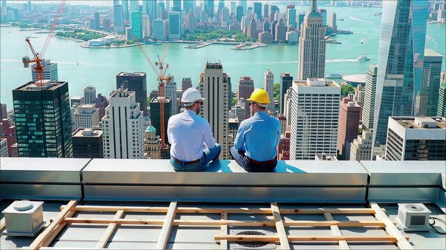 Two construction workers wearing hard hats overlook a massive dense city skyline near a waterfront