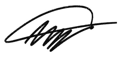 A stylized black signature on a white background