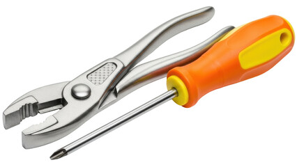 Isolated tools group featuring orange screwdriver and steel pliers, perfect for industrial use