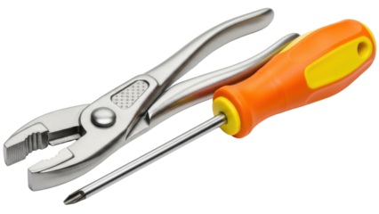 Isolated tools group featuring orange screwdriver and steel pliers, perfect for industrial use