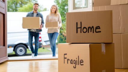 Happy couple carrying moving boxes into their new home during relocation day.