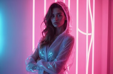 Young woman in clear raincoat stands with arms crossed. Bright neon pink and blue lights illuminate studio setting. Fashionable, trendy, modern portrait.
