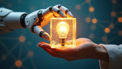 Robot arm transfers glowing lightbulb cube to human hand. Represents ai and human partnership, idea generation and future tech. Symbol of innovation and progress.