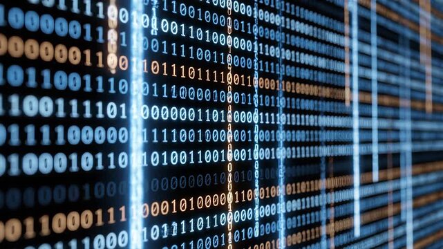 Close-up view of glowing binary code digits representing digital data and computing.