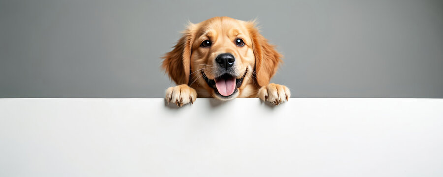 Smiling golden retriever dog holds blank sign for message. Happy puppy looks up, paws rest on white board. Friendly canine wants to share notice. Canine companion offers support.