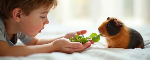 Child gently feeding small guinea pig fresh green leaves from open hands indoors. Boy cares for furry pet with affection, fostering a connection. Little rodent eats healthy food from childs palm.