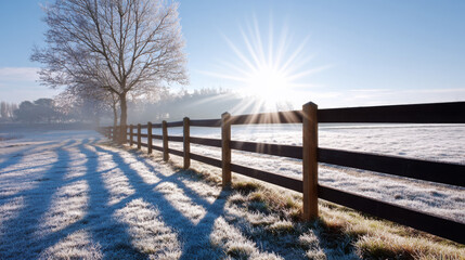 Frosty landscape featuring a wooden fence casting long shadows, with a solitary tree and bright sun illuminating the serene winter scene, showcasing nature's beauty and tranquility