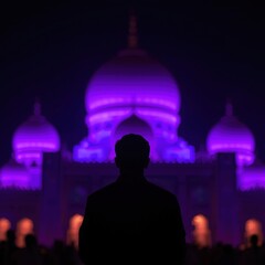 Solitary Silhouette Gazes Upon a Mystical Purple Lit Architectural Marvel