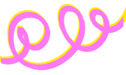 A playful, hand-drawn swirl in bright pink with yellow highlights on a white background. Energetic and whimsical.