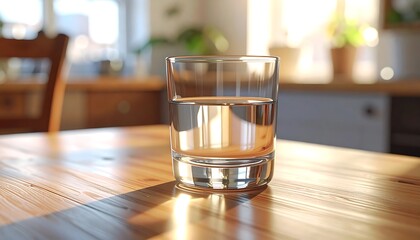Glass of Water on a Wooden Table in Sunlight.