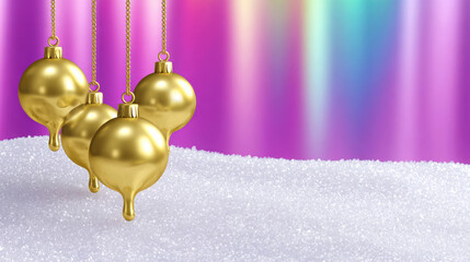 Golden Christmas ornaments hanging above a sparkling white surface, set against a vibrant pink and blue gradient background, creating a festive and cheerful atmosphere for holiday celebrations