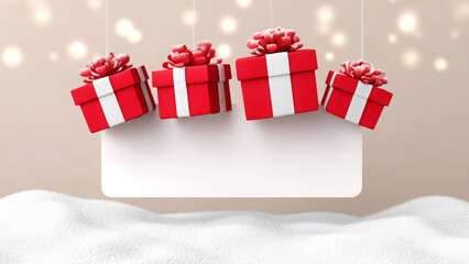 Colorful gift boxes with white ribbons are suspended above a soft snowy surface, creating a festive atmosphere with ample copy space for holiday greetings