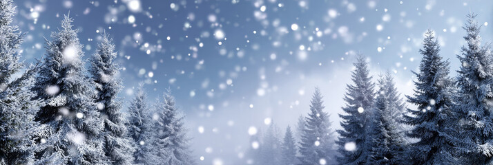 Snowy winter landscape with evergreen trees covered in frost, gently falling snowflakes creating a serene atmosphere, perfect for seasonal themes and holiday celebrations