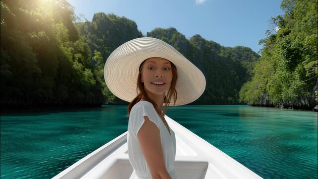 Tourist wearing white summer dress and sun hat enjoying boat trip in turquoise lagoon in el nido, palawan video 4k