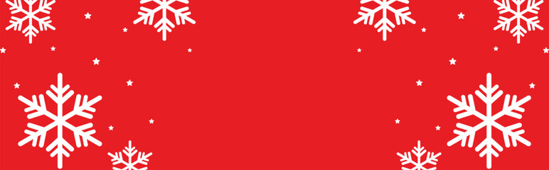 Festive red winter background with bold white geometric snowflakes and scattered stars framing wide copy space, ideal for Christmas greetings, seasonal invitations, web banners, and holiday promotions © bibin