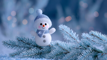 Snowman figurine wearing a blue hat and scarf is perched on frosted evergreen branches, surrounded by a soft winter atmosphere with blurred lights in the background