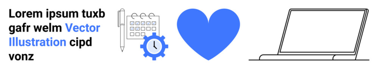 Productivity, scheduling, organization, time management, technology, healthcare. Calendar and clock gear next to a blue heart and a laptop icon. Productivity and technology concept