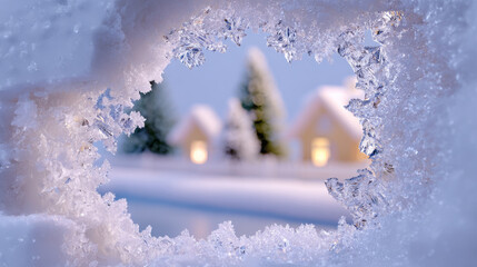 Winter landscape featuring a frosty window frame revealing cozy homes with glowing lights and snow-covered trees, creating a serene and magical holiday atmosphere