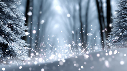 Winter wonderland scene featuring snow-covered trees, sparkling snowflakes, and a serene atmosphere, creating a magical and tranquil environment for seasonal celebrations