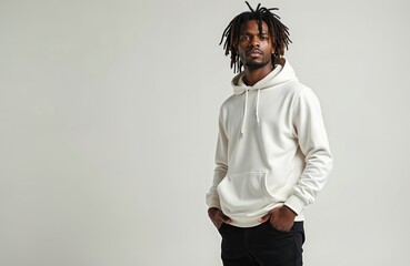 Obraz premium Stylish african american man in white hoodie stands on light background. Handsome black male in casual wear looks at camera. Modern young person in fashionable outfit posing