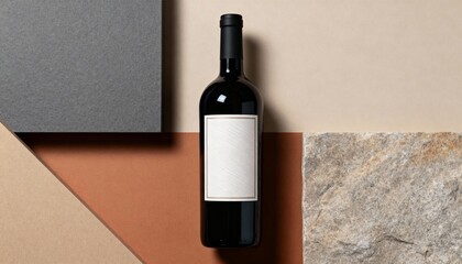 Elegant wine bottle mockup displayed on a geometric background of textured materials.