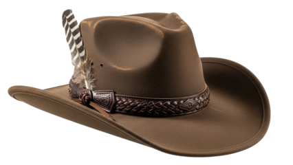 Brown felt outback hat with feather isolated PNG, classic Australian headwear for outdoor adventures on transparent background