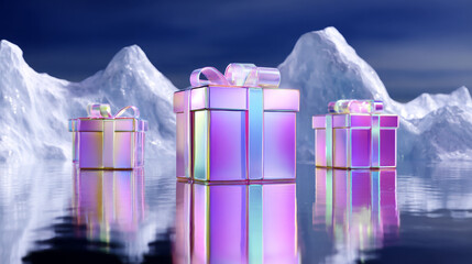 Colorful gift boxes with shiny ribbons are placed on reflective water surface surrounded by icy mountains, creating a festive and magical winter atmosphere