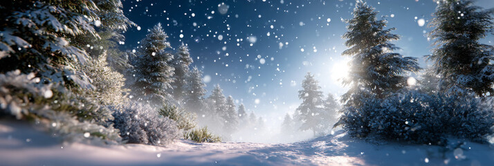 Snow-covered forest landscape with tall evergreen trees, soft sunlight filtering through branches, creating a serene winter atmosphere with falling snowflakes and a peaceful ambiance