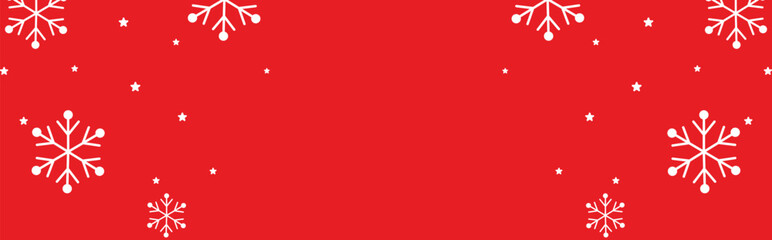 Festive red winter background with bold white geometric snowflakes and scattered stars framing wide copy space, ideal for Christmas greetings, seasonal invitations, web banners, and holiday promotions